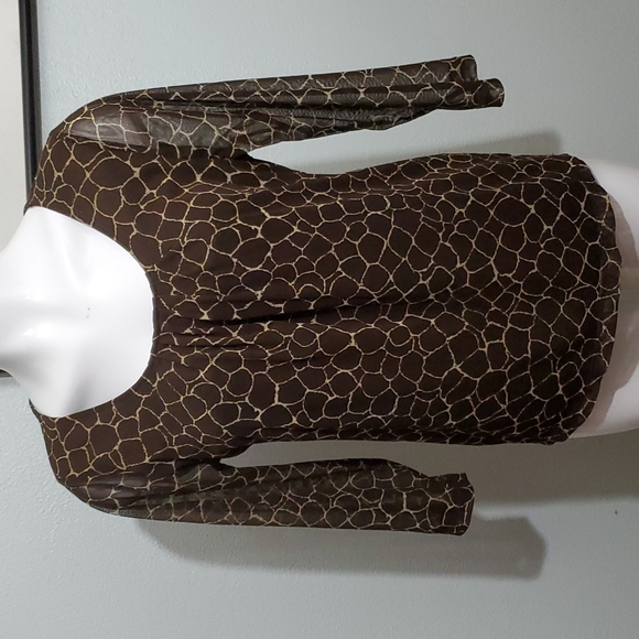 Rafaella Tops - RAFAELLA Women's Brown/Cream Print Blouse-Scoop Neck-Sheer 3/4 Sleeves-EUC-Sz M